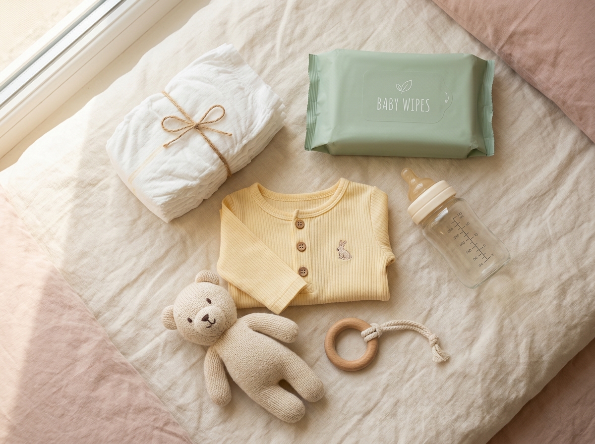 Box of free baby essentials including diapers, wipes, formula and toys
